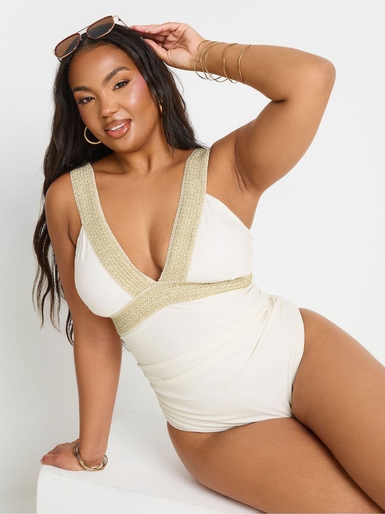 Yours Curve White Metallic Tape Plunge Swimsuit - Image 1 of 7