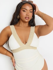 Yours Curve White Metallic Tape Plunge Swimsuit - Image 2 of 7