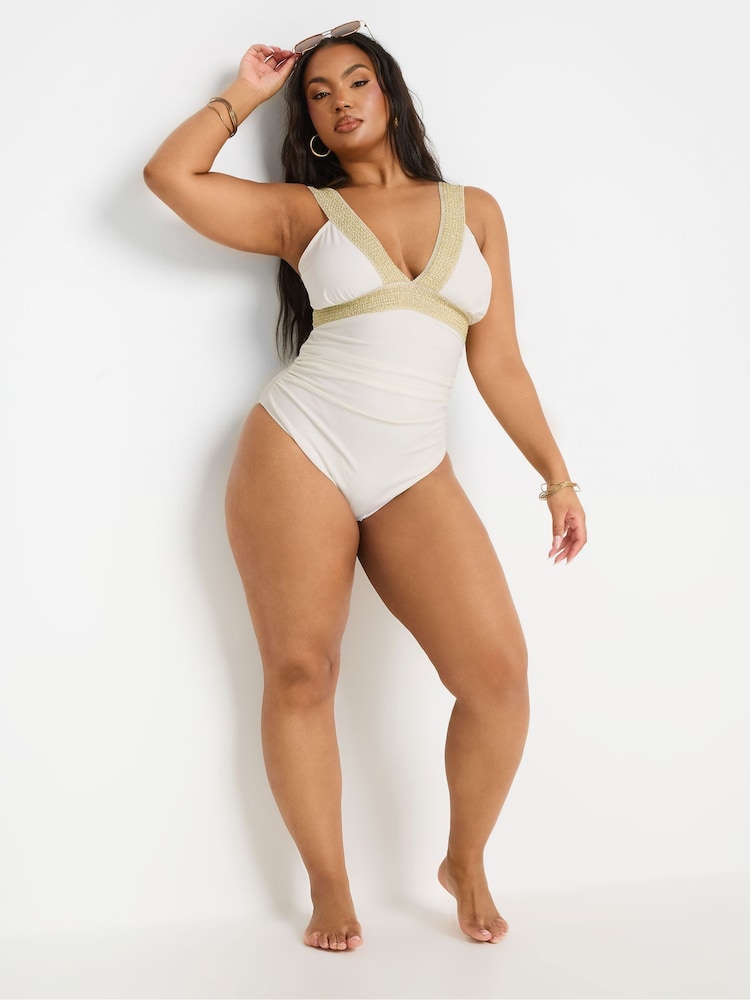 Blanc - Maillot de bain Yours Curve à bande métallique plongeante - Image 3 of 7