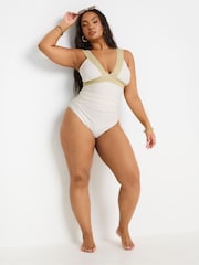 Yours Curve White Metallic Tape Plunge Swimsuit - Image 4 of 7