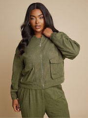 Yours Curve Green Bomber Jacket - Image 1 of 5