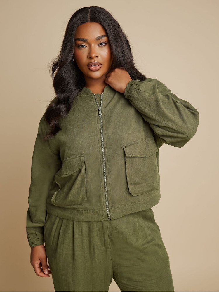 Yours Curve Green Bomber Jacket - Image 1 of 5