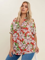 Yours Curve Red Frill Neck Lined Blouse - Image 1 of 5