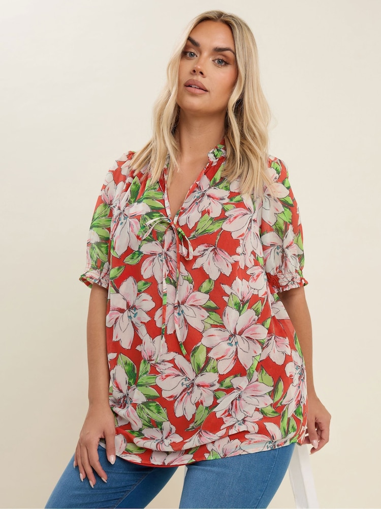 Yours Curve Red Frill Neck Lined Blouse - Image 1 of 5