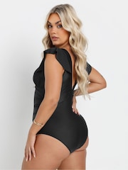 Yours Curve Black Frill Sleeve Swimsuit - Image 3 of 7