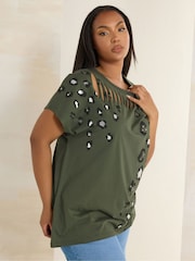 Yours Curve Green Laser Cut 100% Cotton T-Shirt - Image 3 of 5