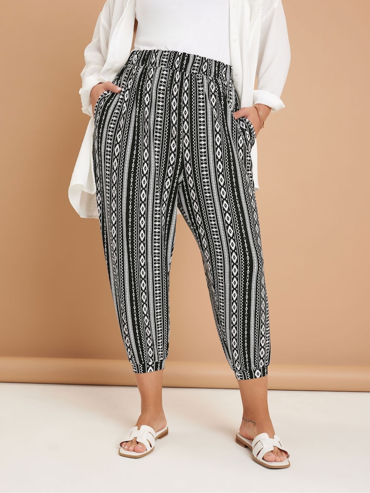 Yours Curve Black Jersey Crop Harem Trousers - Image 1 of 5
