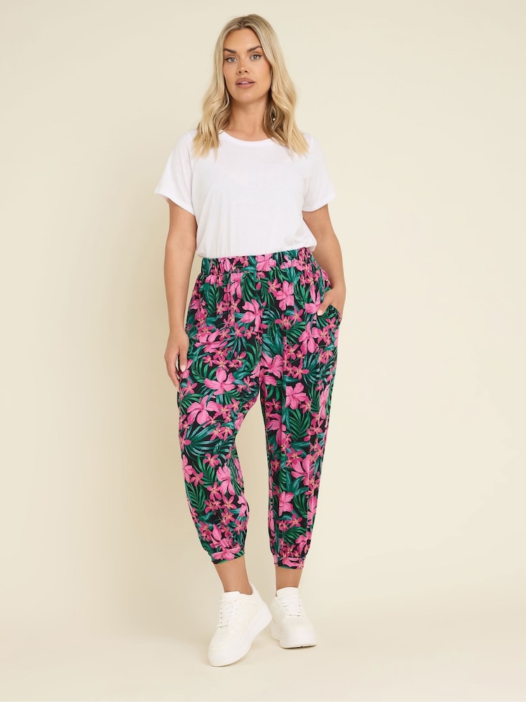 Yours Curve Green Bolt Jersey Crop Harem Trousers - Image 1 of 5