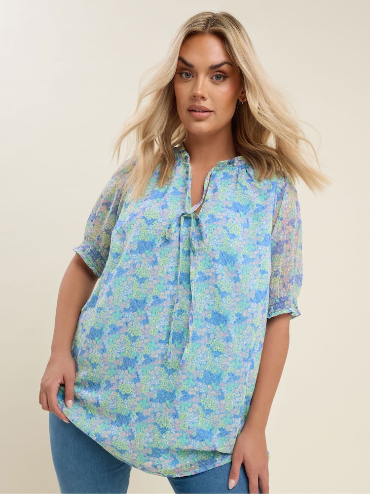 Yours Curve Blue Frill Neck Lined Blouse - Image 1 of 5