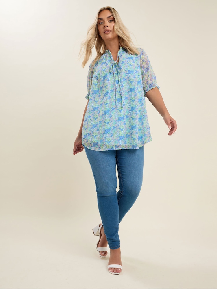 Yours Curve Blue Frill Neck Lined Blouse - Image 2 of 5