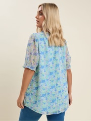 Yours Curve Blue Frill Neck Lined Blouse - Image 3 of 5