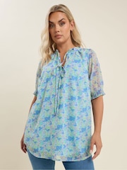 Yours Curve Blue Frill Neck Lined Blouse - Image 4 of 5