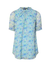 Yours Curve Blue Frill Neck Lined Blouse - Image 5 of 5