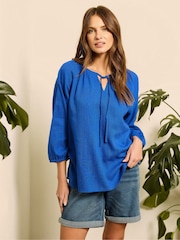 M&Co Blue Long Sleeve Tie Neck Top - Image 1 of 5