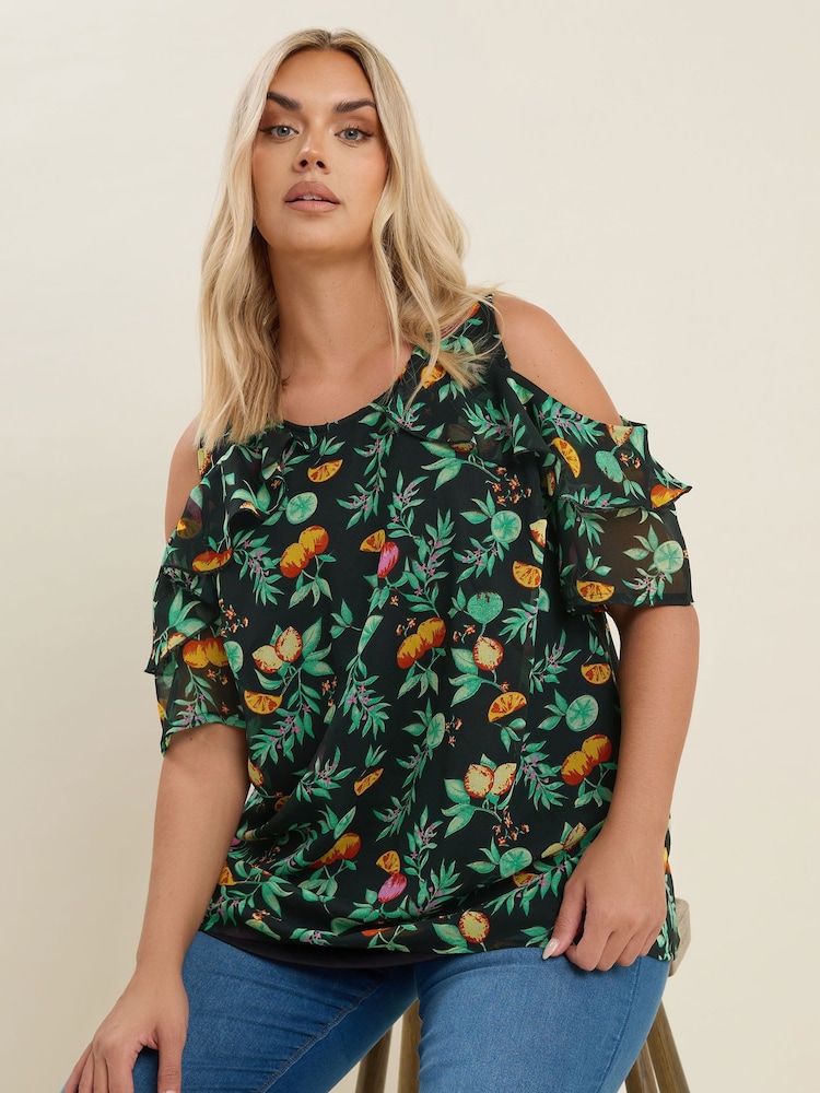 Negro - Yours Curve Lined Frill Blouse - Imagen 1 de 5