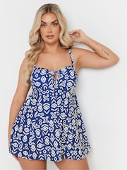 Yours Curve Blue Ikat Knot Front Swimdress - Image 2 of 7