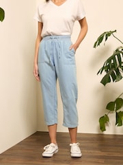 M&Co Blue Lightwash Rich Ribbed Waist Cropped Trousers - Image 1 of 5