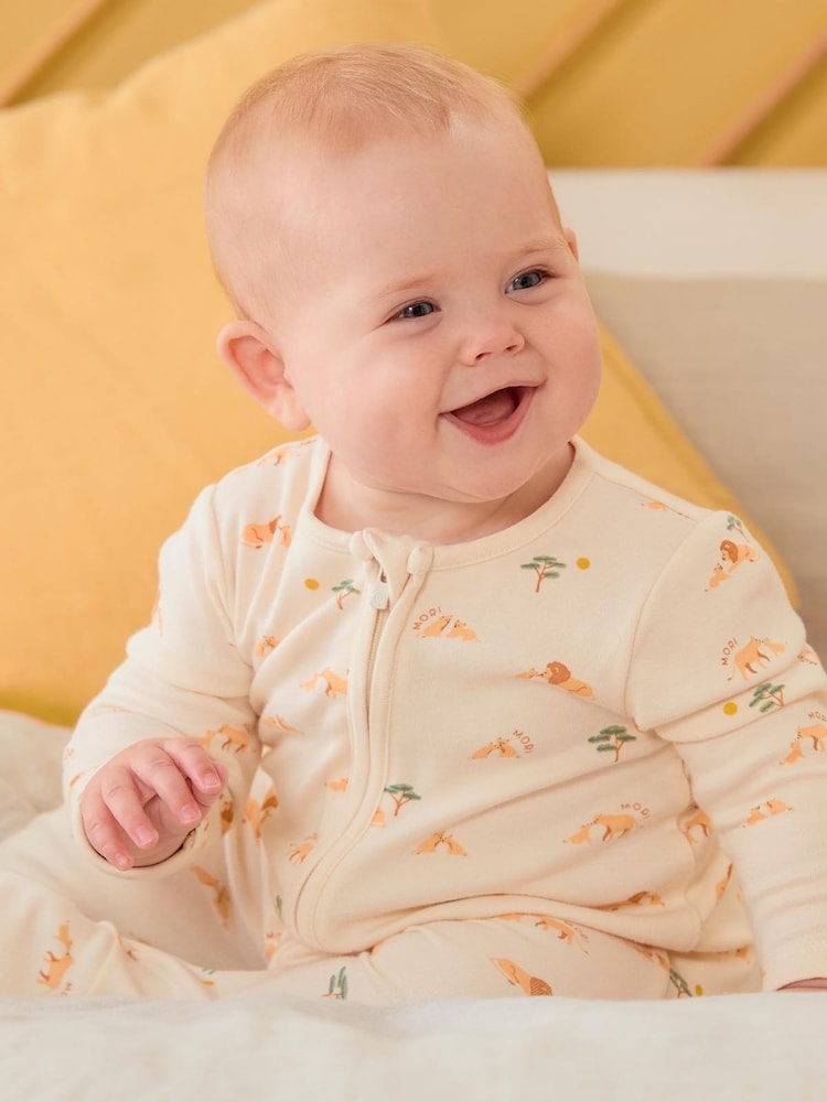 MORI Cream Lion Print Cotton/Viscose Blend 2 Way Zip Sleepsuit - Image 1 of 5
