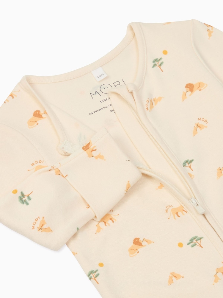 MORI Cream Lion Print Cotton/Viscose Blend 2 Way Zip Sleepsuit - Image 5 of 5