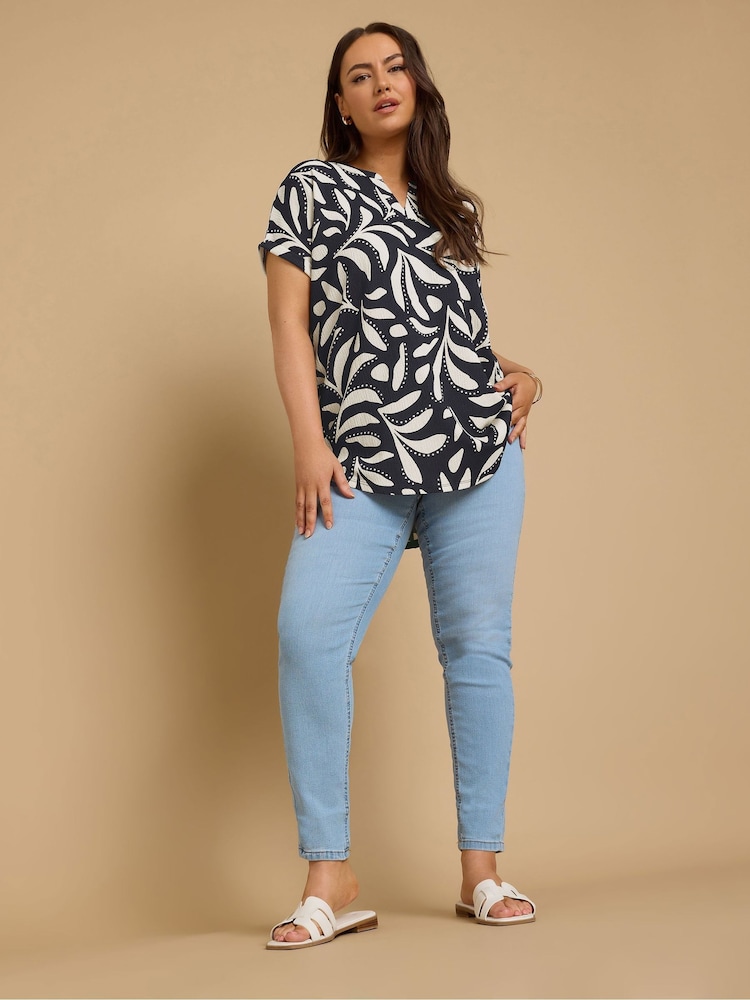 Yours Curve Blue Notch Neck Textured T-Shirt - Image 1 of 5