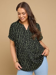 Yours Curve Green Notch Neck Textured T-Shirt - Image 1 of 5