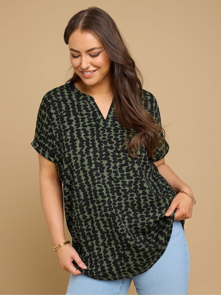 Yours Curve Green Notch Neck Textured T-Shirt - Image 1 of 5