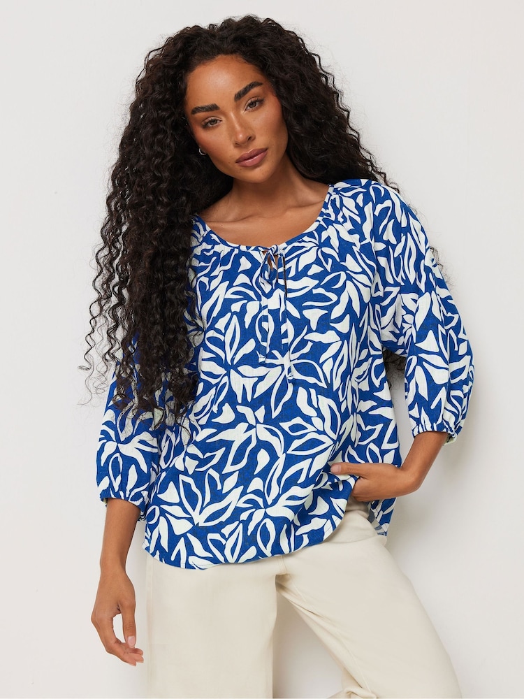 M&Co Blue Petite Long Sleeve Tie Neck Top - Image 2 of 6