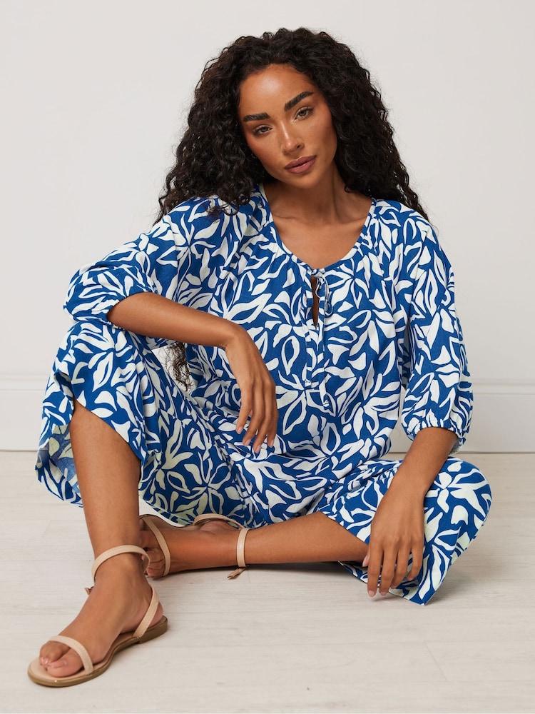 M&Co Blue Petite Long Sleeve Tie Neck Top - Image 3 of 6