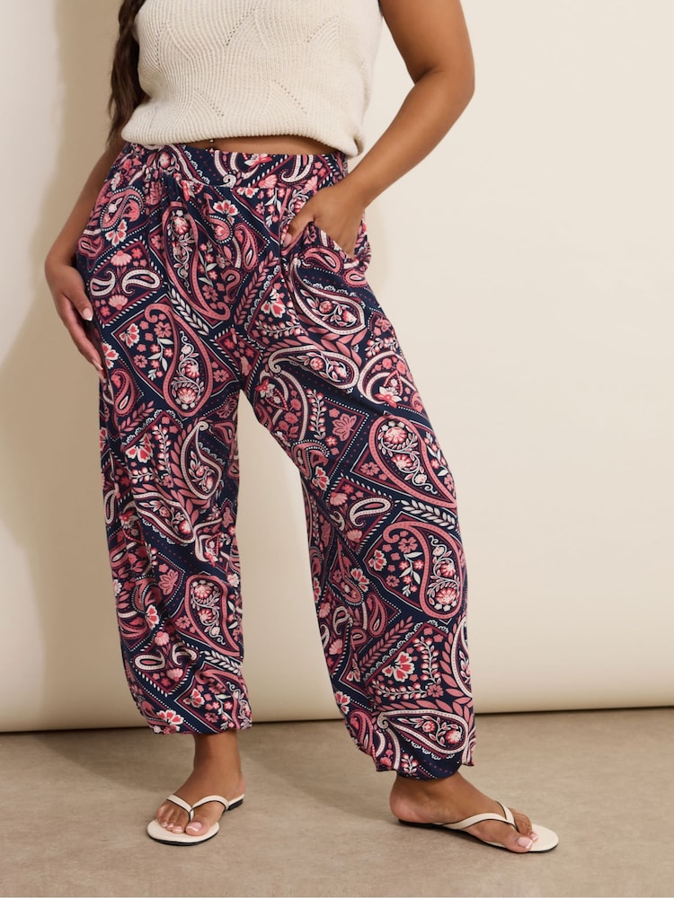 Yours Curve Black Paisley Cuffed Harem Trousers - Image 1 of 5 Yours Curve Black Paisley Cuffed Harem Trousers - Image 1 of 5