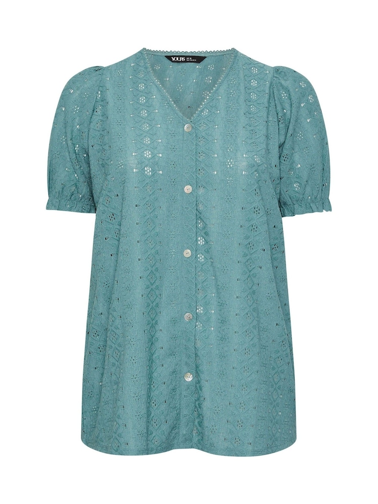 Yours Curve Blue Puff Sleeve Anglaise Blouse - Image 5 of 5
