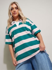 Yours Curve Green Rugby Collar Striped Contrast 100% Cotton Shirt - Image 1 of 5