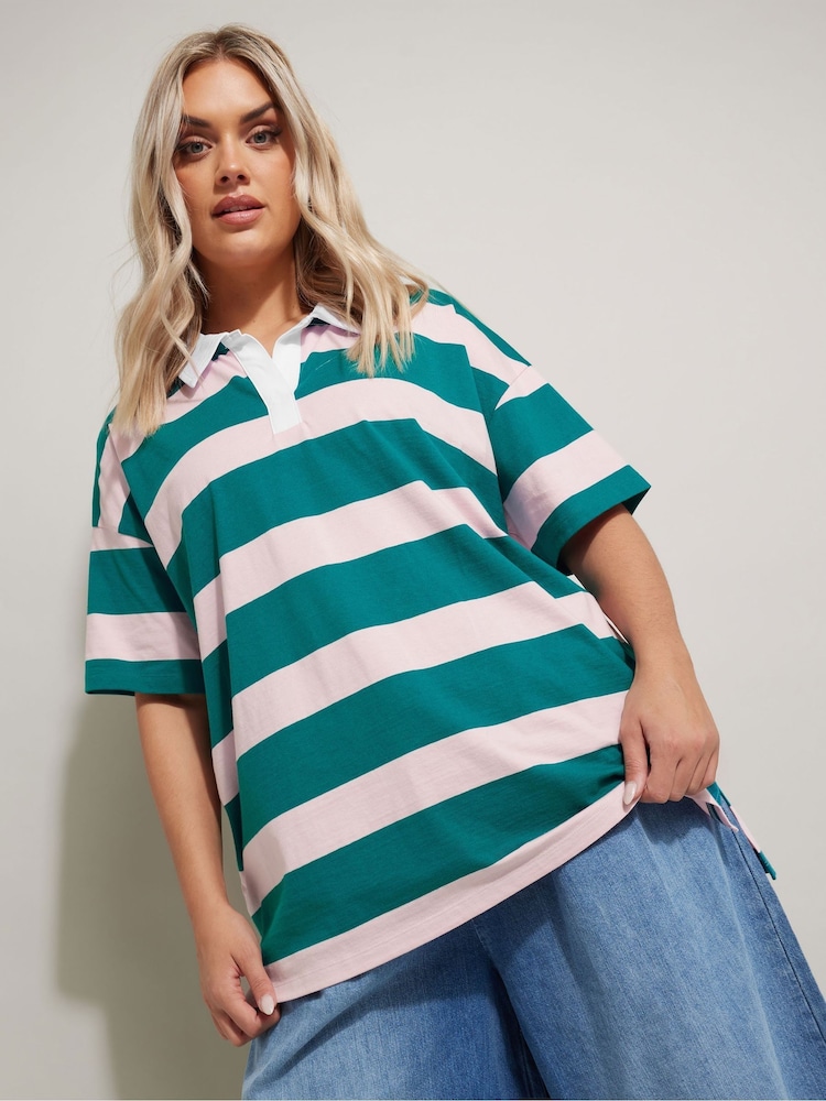Yours Curve Green Rugby Collar Striped Contrast 100% Cotton Shirt - Image 1 of 5 Yours Curve Green Rugby Collar Striped Contrast 100% Cotton Shirt - Image 1 of 5