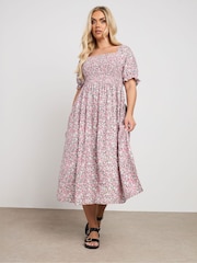 Yours Curve Pink Shirred Square Neck Midaxi Dress - Image 1 of 5