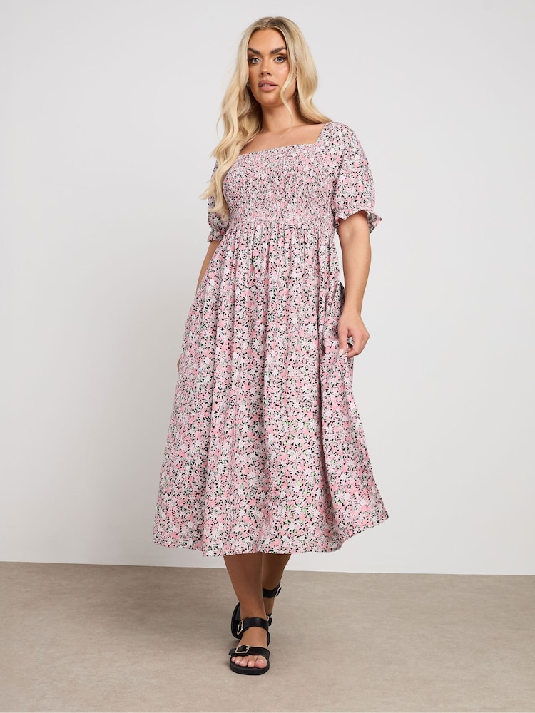Yours Curve Pink Shirred Square Neck Midaxi Dress - Image 1 of 5