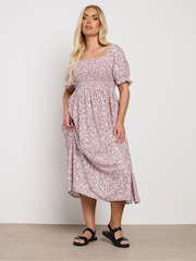 Yours Curve Pink Shirred Square Neck Midaxi Dress - Image 2 of 5