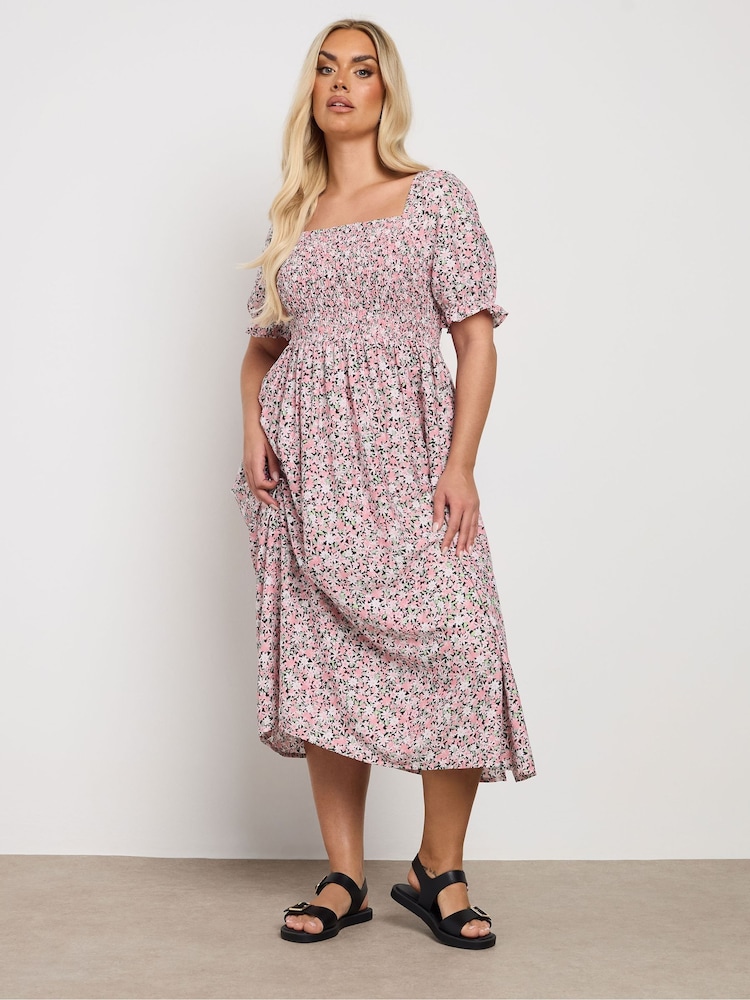Yours Curve Pink Shirred Square Neck Midaxi Dress - Image 2 of 5