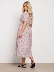Yours Curve Pink Shirred Square Neck Midaxi Dress - Image 3 of 5