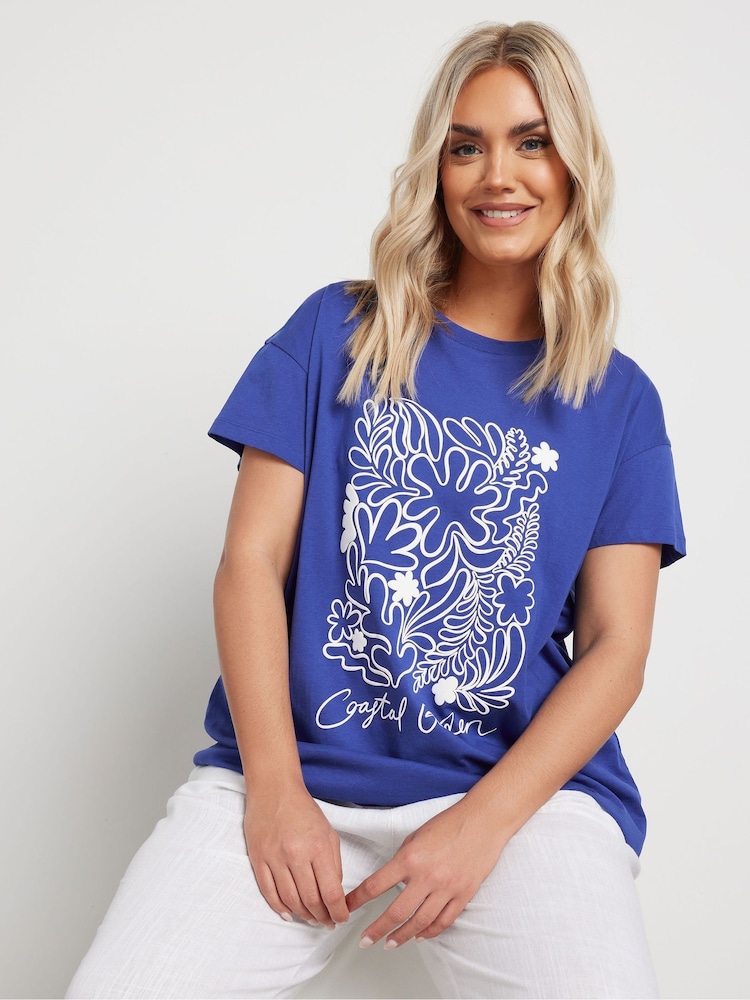 Yours Curve Blue Placement Core 100% Cotton T-Shirt - Image 1 of 5