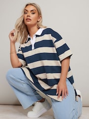 Yours Curve Blue Rugby Collar Striped 100% Cotton Shirt - Image 1 of 5