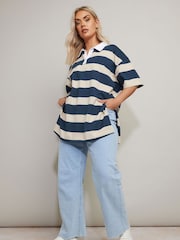 Yours Curve Blue Rugby Collar Striped 100% Cotton Shirt - Image 2 of 5