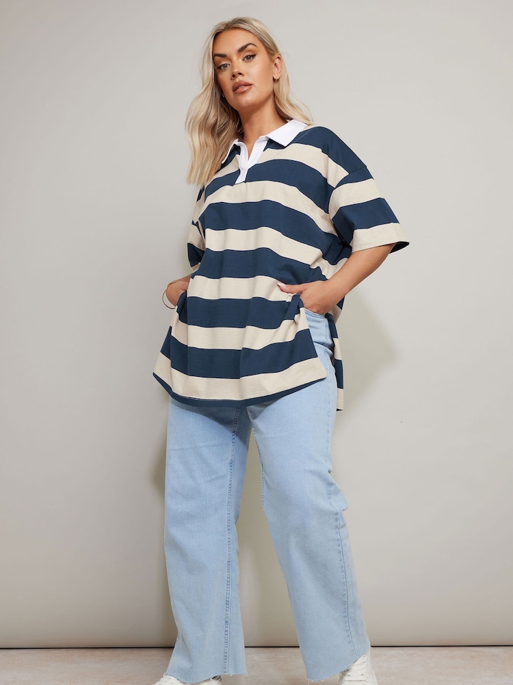 Yours Curve Blue Rugby Collar Striped 100% Cotton Shirt - Image 2 of 5
