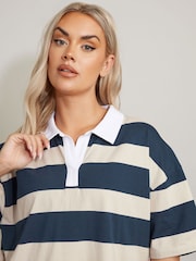 Yours Curve Blue Rugby Collar Striped 100% Cotton Shirt - Image 4 of 5