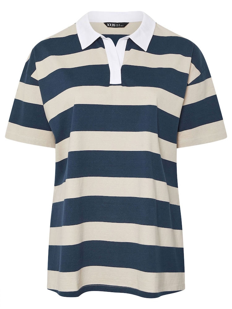 Yours Curve Blue Rugby Collar Striped 100% Cotton Shirt - Image 5 of 5