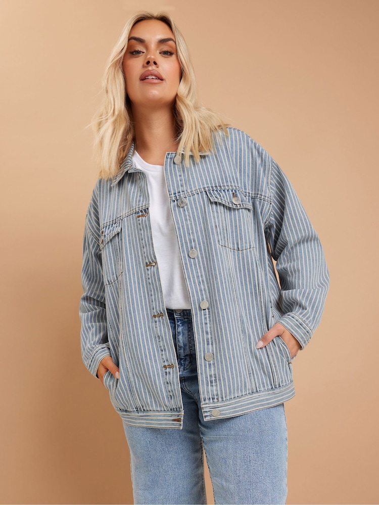 Yours Curve Blue Oversized 100% Cotton Pinstripe Denim Jacket - Image 1 of 4
