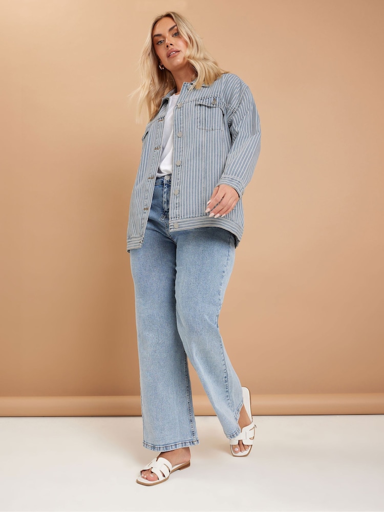 Yours Curve Blue Oversized 100% Cotton Pinstripe Denim Jacket - Image 2 of 4