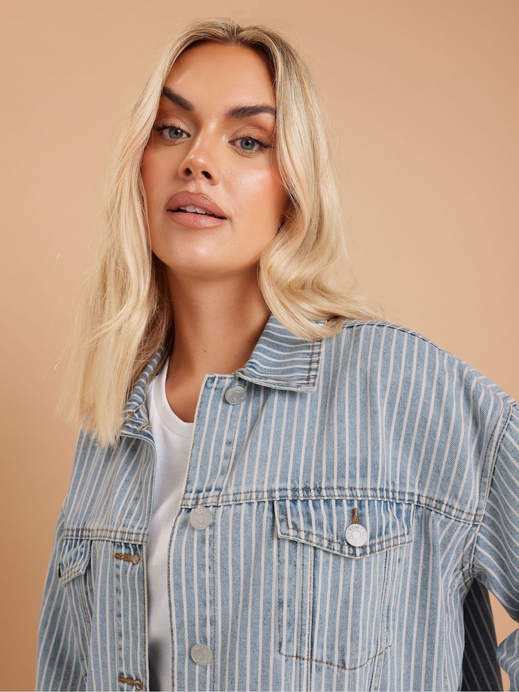 Yours Curve Blue Oversized 100% Cotton Pinstripe Denim Jacket - Image 4 of 4