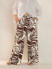 Yours Curve Brown Pull On Woven Wide Leg Trousers - Image 1 of 5