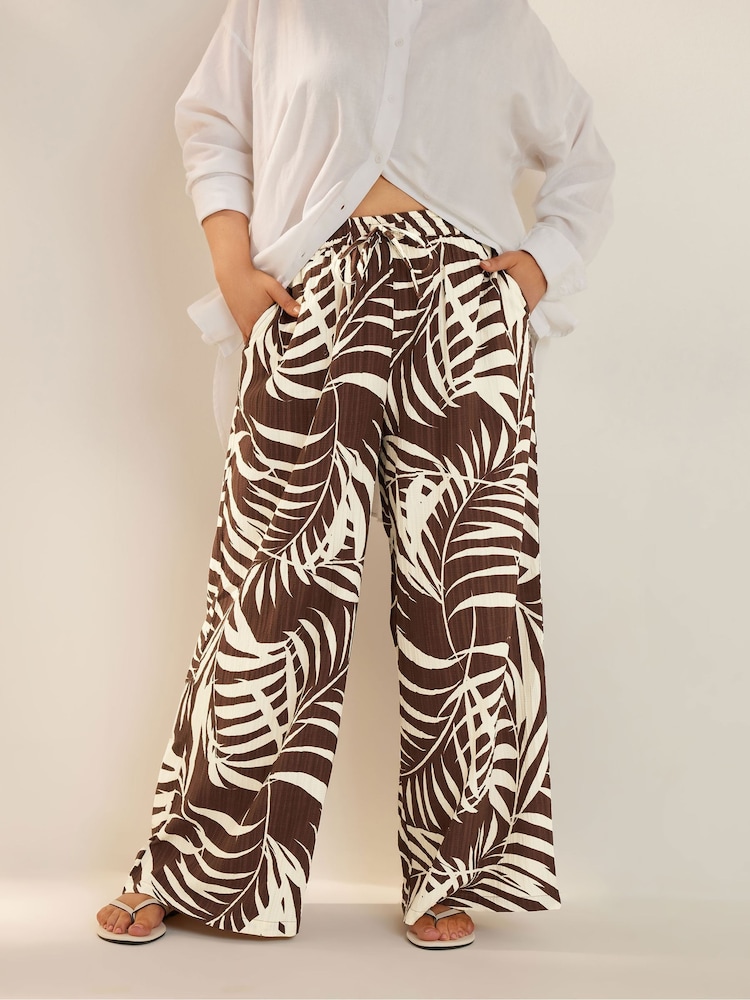 Yours Curve Brown Pull On Woven Wide Leg Trousers - Image 1 of 5