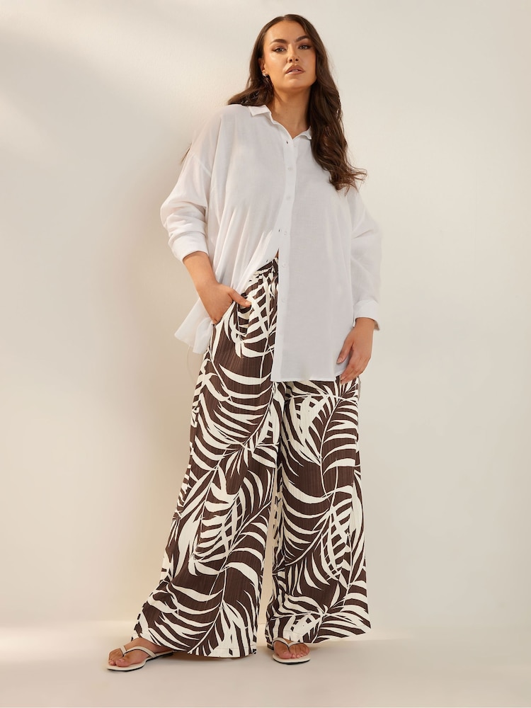Yours Curve Brown Pull On Woven Wide Leg Trousers - Image 2 of 5