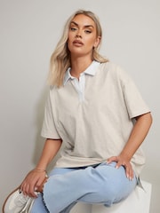 Yours Curve Natural Rugby Contrast Collar Boxy 100% Cotton Polo shirt - Image 1 of 4